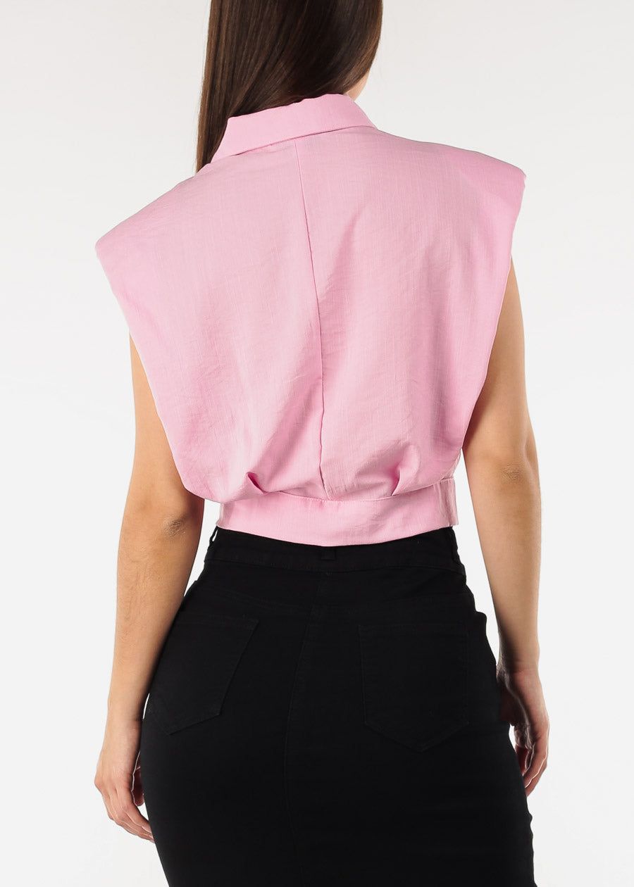 Padded Shoulders Button Up Top Pink sold by Moda product image thumbnail 4