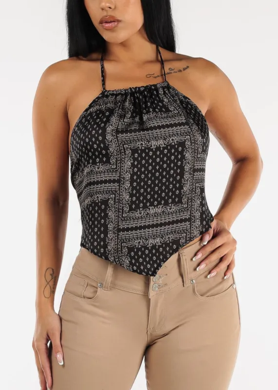 Open Back Satin Printed Halter Crop Top Black sold by Moda