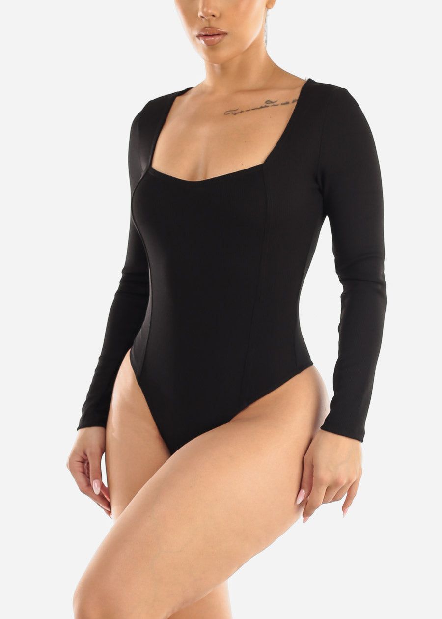 Square Neckline Long Sleeve Black Bodysuit sold by Moda