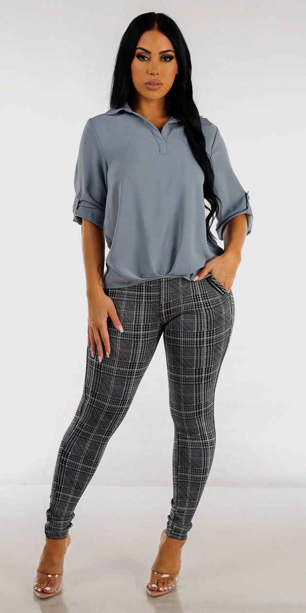 Grey Plaid High Waisted Skinny Pants with Slate Blue High Low Blouse sold by Moda