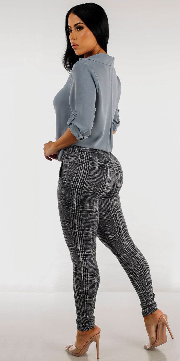 Grey Plaid High Waisted Skinny Pants with Slate Blue High Low Blouse sold by Moda product image thumbnail 2