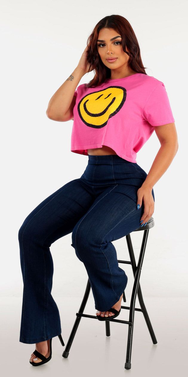 Super Stretchy Flared Denim Jeggings with Hot Pink Loose Graphic Crop Top sold by Moda