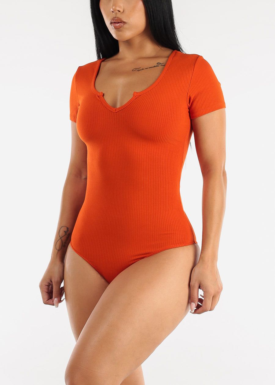 Short Sleeve Notched Ribbed Bodysuit Dark Orange sold by Moda