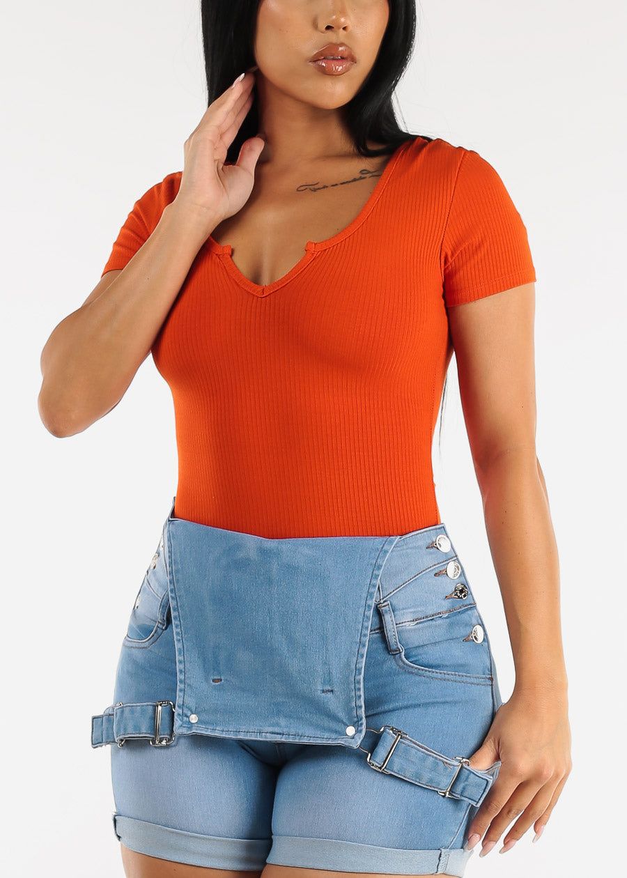 Short Sleeve Notched Ribbed Bodysuit Dark Orange sold by Moda product image thumbnail 5