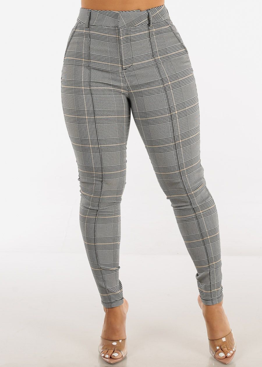 High Waist Checkered Skinny Pants Yellow sold by Moda