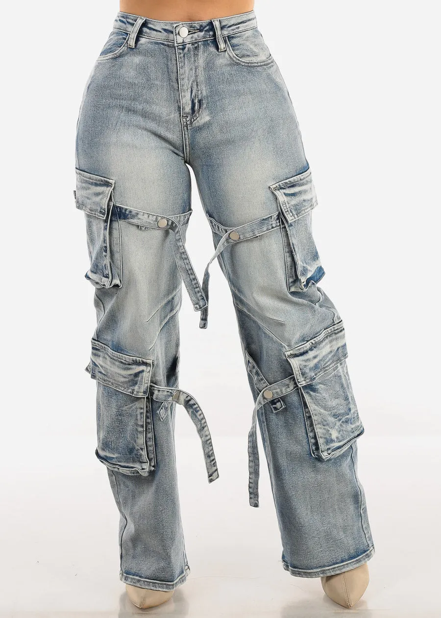 High Waisted Straight Wide Leg Cargo Jeans Acid Wash sold by Moda