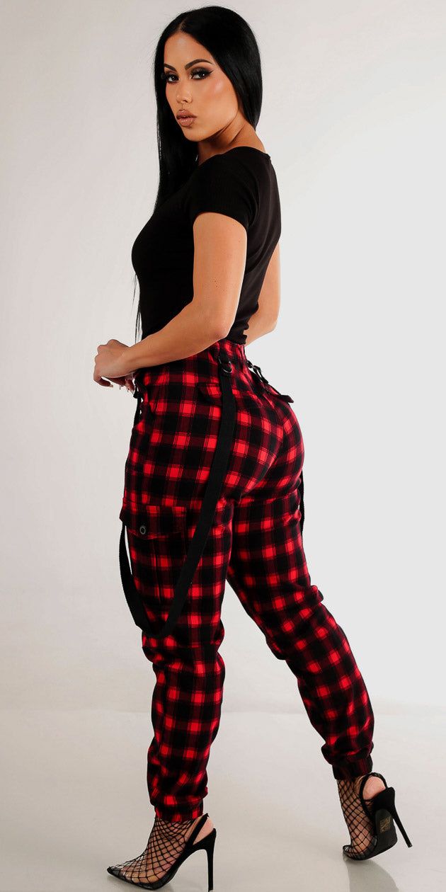High Waisted Red Plaid Cargo Jogger Pants with Short Sleeve Vneck Black Ribbed Top sold by Moda product image thumbnail 2