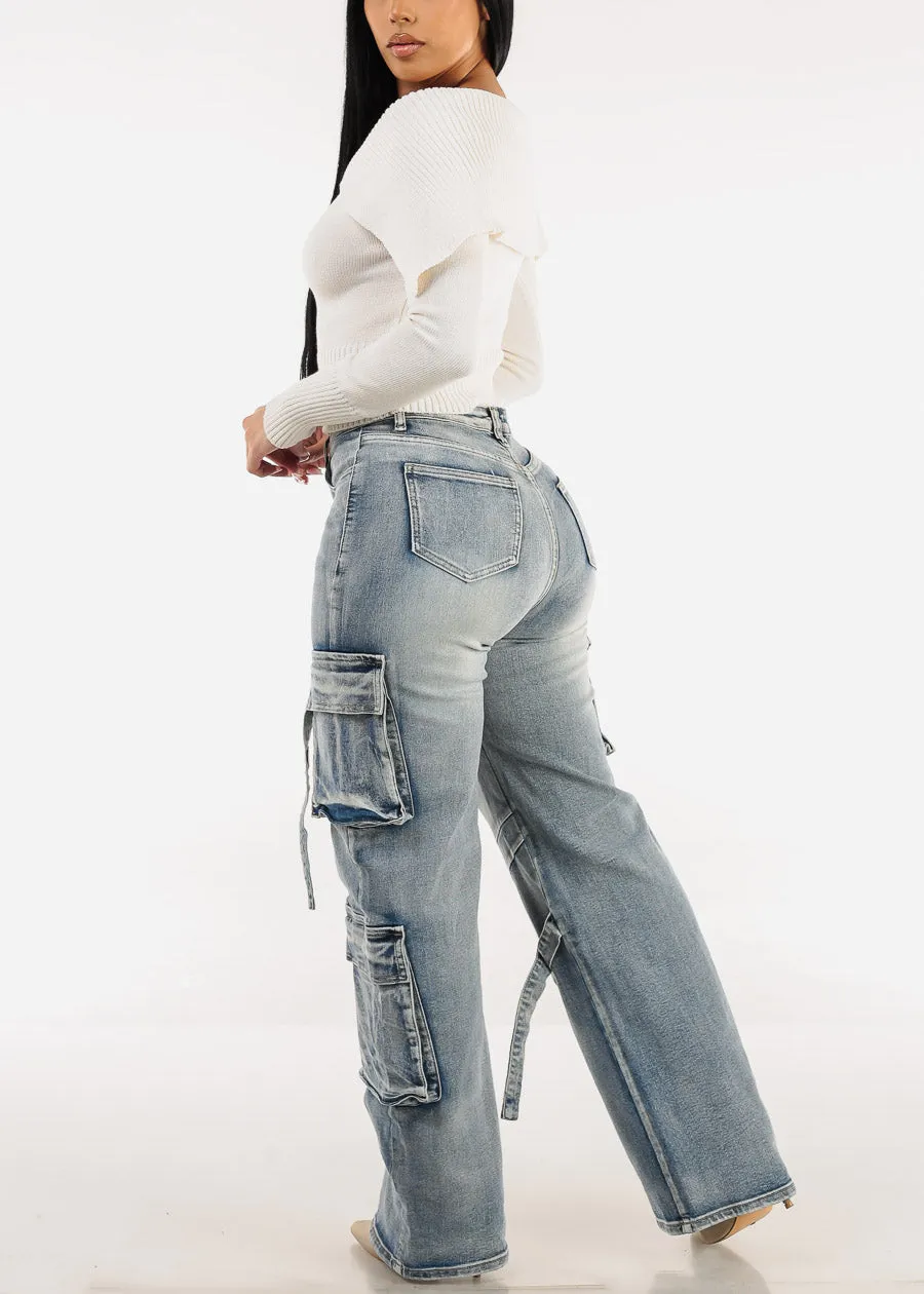 High Waisted Straight Wide Leg Cargo Jeans Acid Wash sold by Moda product image thumbnail 5