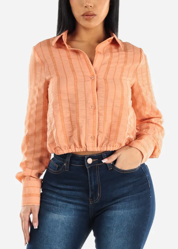 Long Sleeve Button Up Collared Blouse Orange w Drawstring Waist sold by Moda