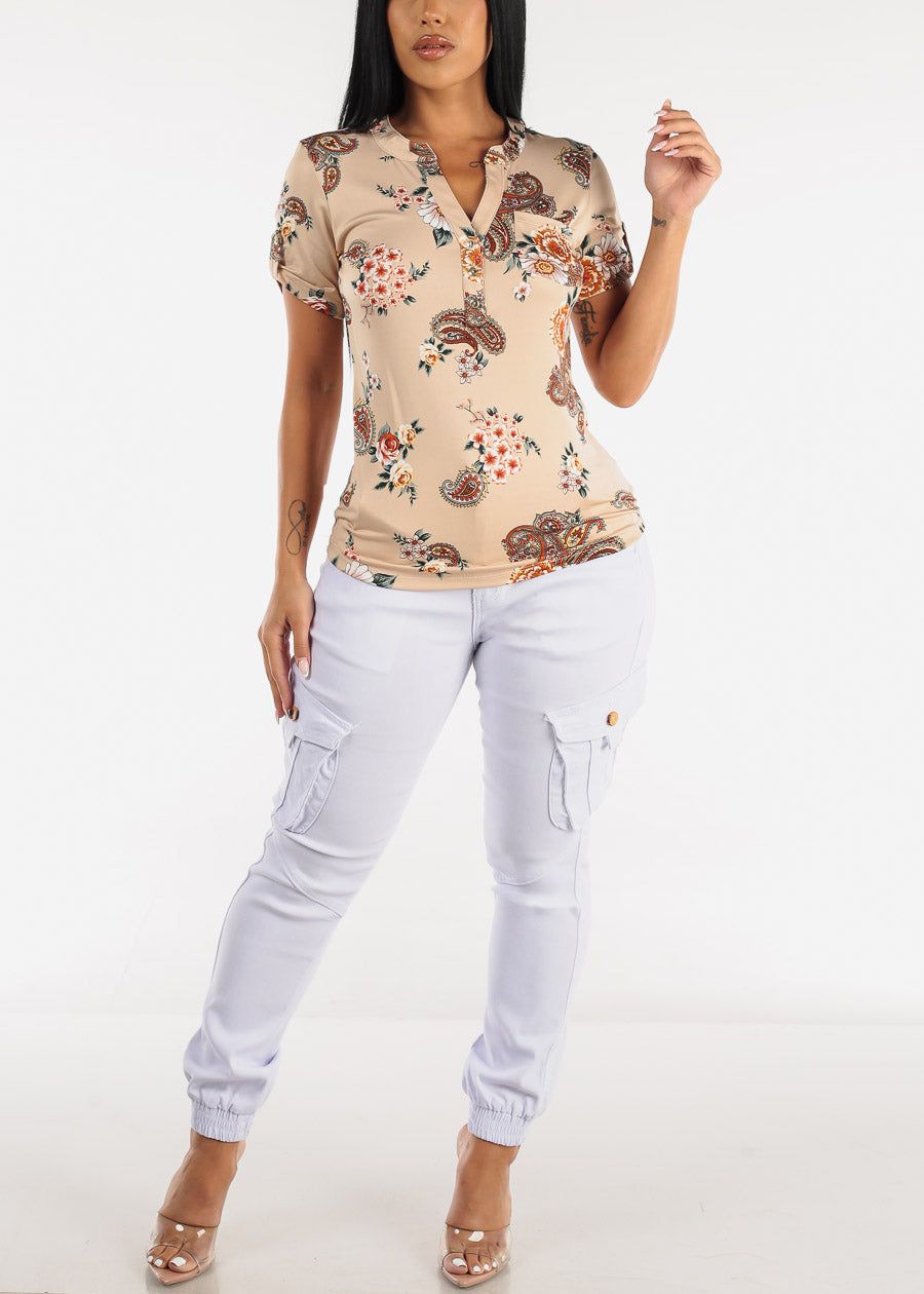 Short Sleeve Half Button Up Floral Blouse Taupe sold by Moda product image thumbnail 2