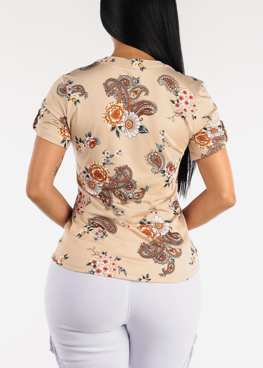 Short Sleeve Half Button Up Floral Blouse Taupe sold by Moda product image thumbnail 4