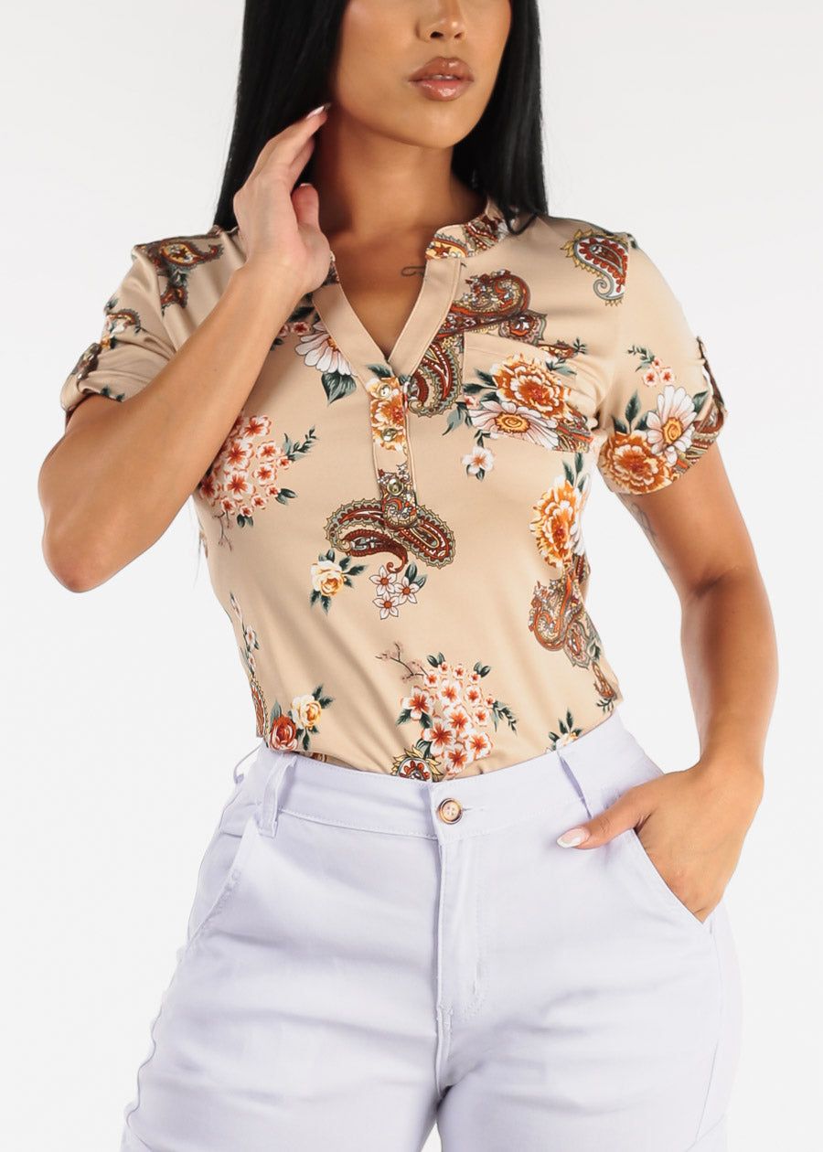 Short Sleeve Half Button Up Floral Blouse Taupe sold by Moda