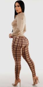 Beige Butt Lifting Plaid Skinny Pants with Beige Button Up Pleather Collared Blouse sold by Moda
