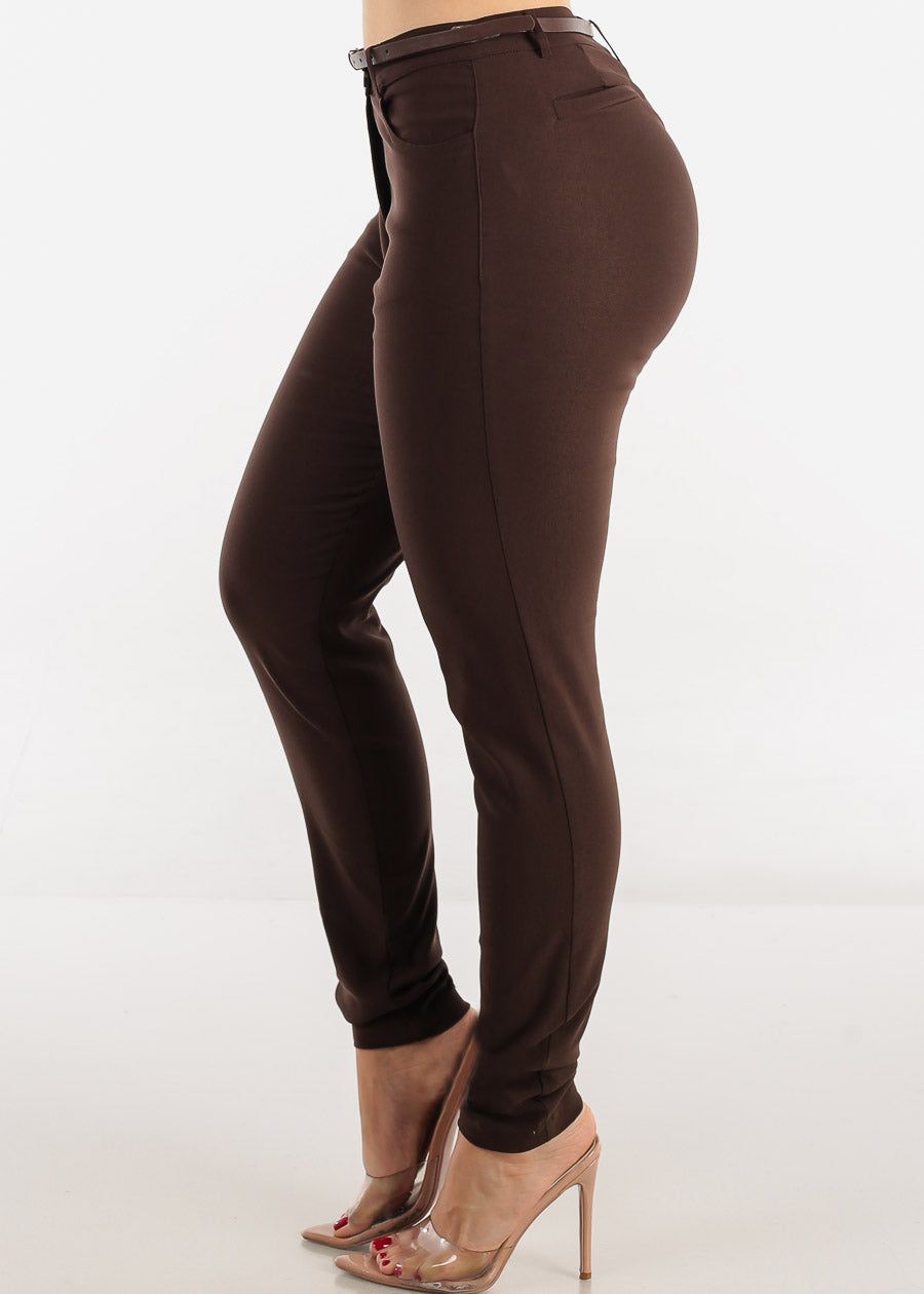 Brown High Waist Dressy Skinny Pants with Belt sold by Moda product image thumbnail 3