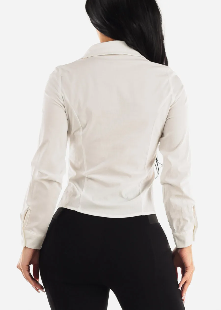 White Button Up Ruched Collared Stretchy Shirt sold by Moda product image thumbnail 4
