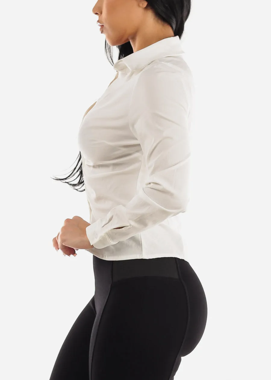 White Button Up Ruched Collared Stretchy Shirt sold by Moda product image thumbnail 3