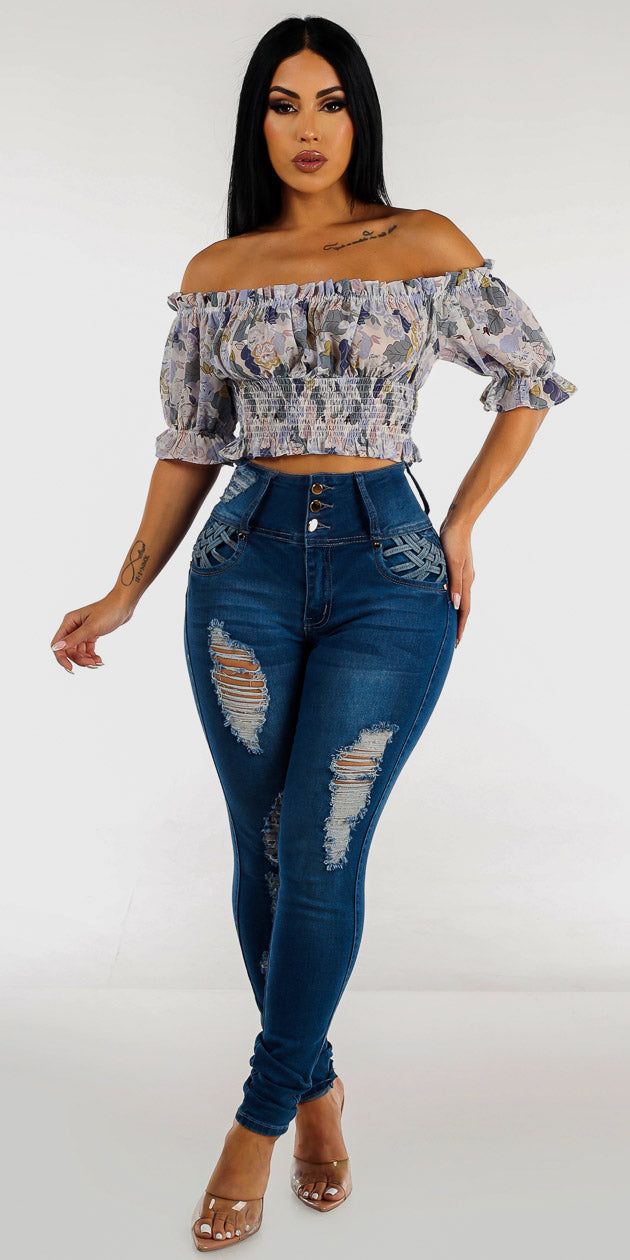 Super High Rise Ripped Butt Lift Skinny Jeans with Off Shoulder Floral Crop Top sold by Moda