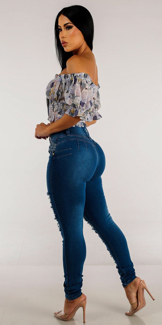 Super High Rise Ripped Butt Lift Skinny Jeans with Off Shoulder Floral Crop Top sold by Moda product image thumbnail 2