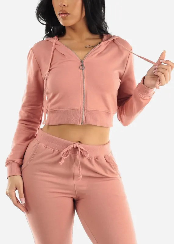 Long Sleeve Zip Up Cropped Hoodie Mauve sold by Moda