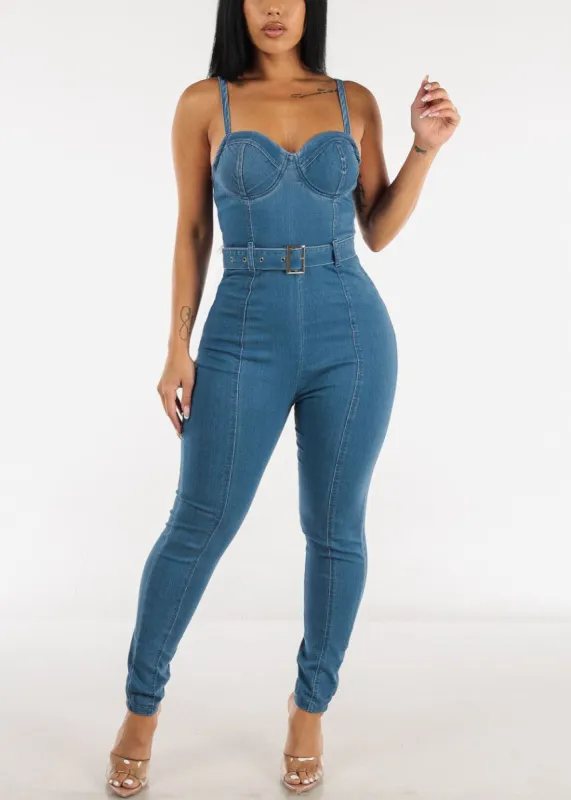 Belted Sweetheart Neckline Sleeveless Denim Jumpsuit Med Blue sold by Moda
