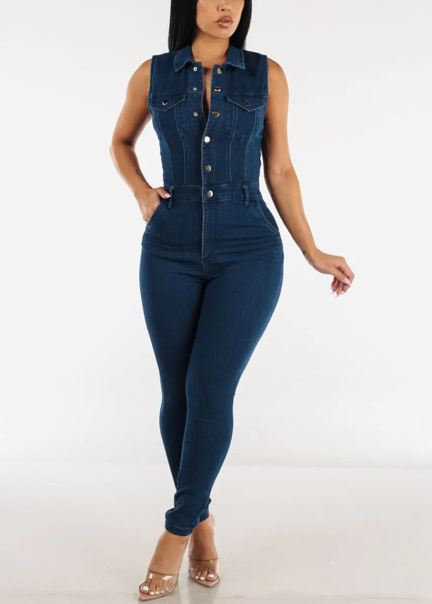 Sleeveless Button Up Collared Denim Jumpsuit Dark Blue sold by Moda
