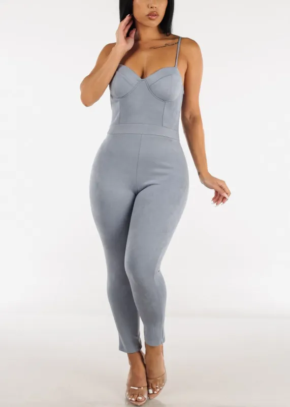 Sleeveless Sweetheart Neckline Suede Jumpsuit Blue sold by Moda