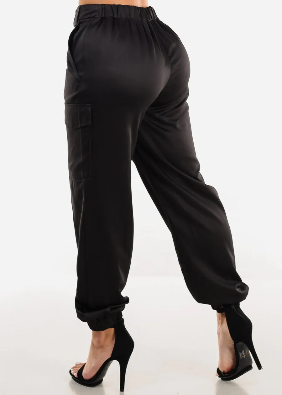 High Waist Black Satin Cargo Jogger Pants sold by Moda product image thumbnail 4