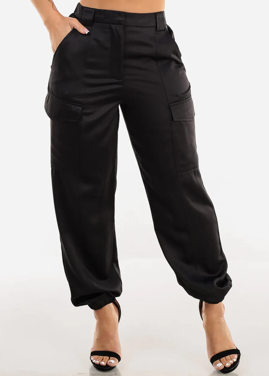 High Waist Black Satin Cargo Jogger Pants sold by Moda