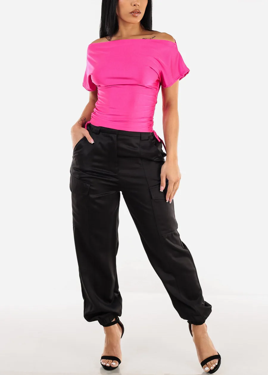 High Waist Black Satin Cargo Jogger Pants sold by Moda product image thumbnail 2