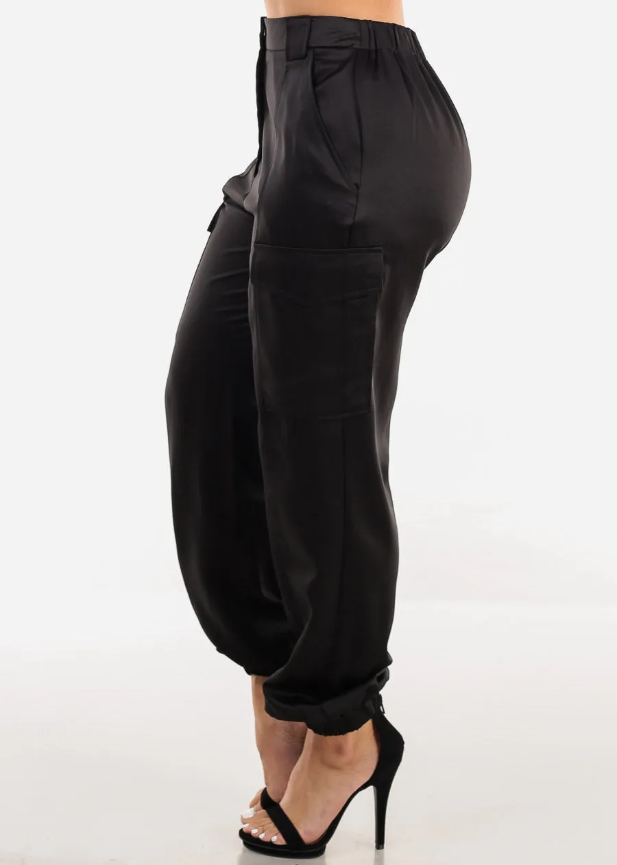 High Waist Black Satin Cargo Jogger Pants sold by Moda product image thumbnail 3