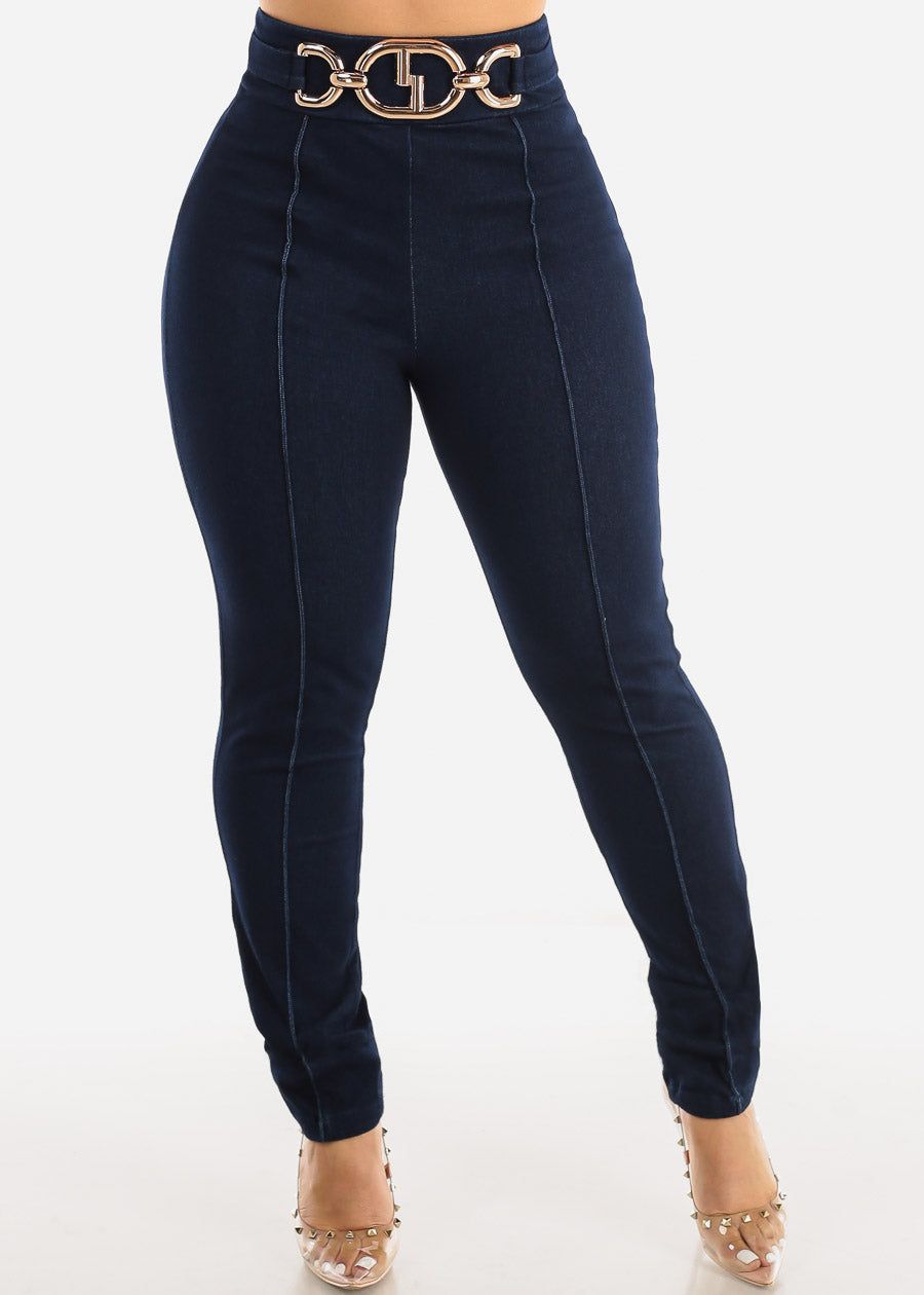 High Waist Denim Stretch Skinny Pants Navy Blue sold by Moda