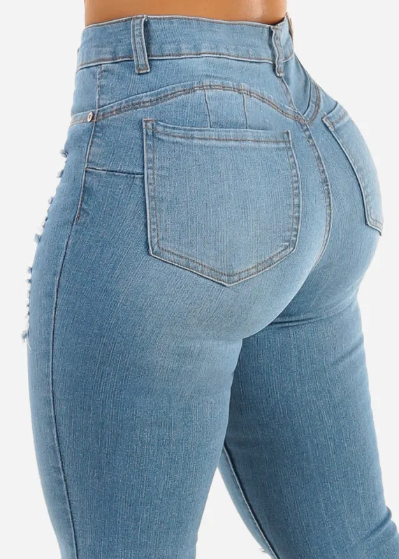 Butt Lift Distressed Skinny Jeans Light Blue sold by Moda
