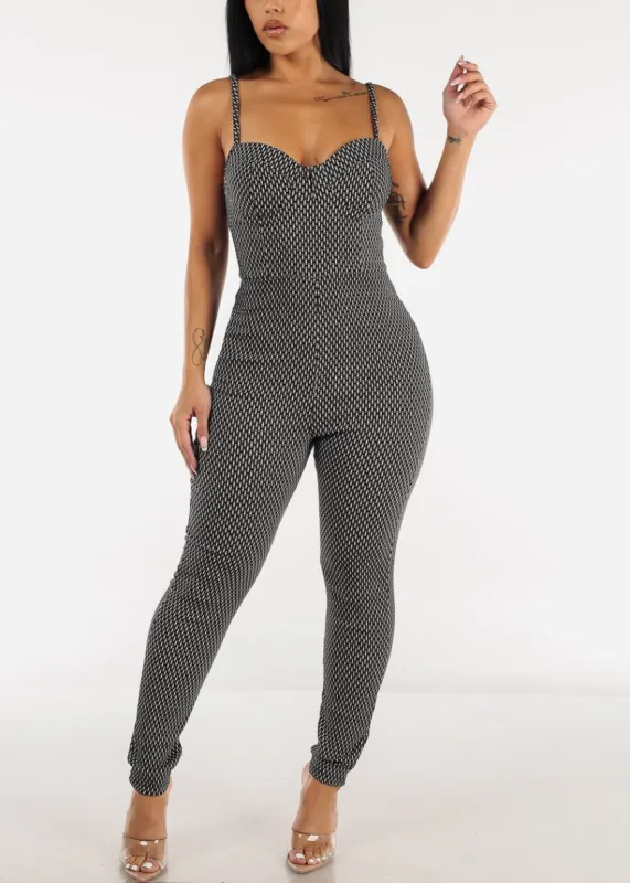 Black Sleeveless Sweetheart Neckline Printed Jumpsuit made by Moda