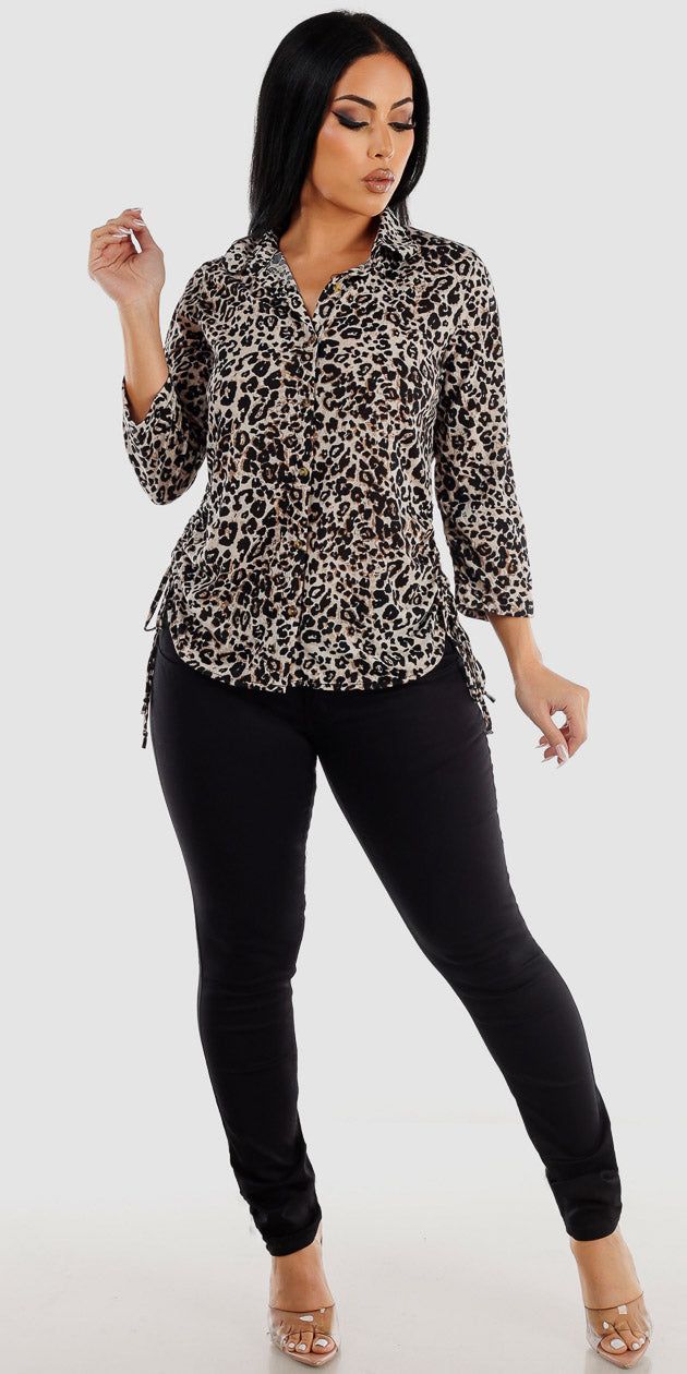 Black Low Rise Butt Lifting Skinny Jeans with Quarter Sleeve Ruched Sides Animal Print Blouse sold by Moda