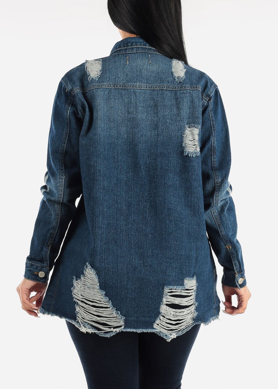 Distressed Dark Blue Jean Shacket sold by Moda product image thumbnail 5