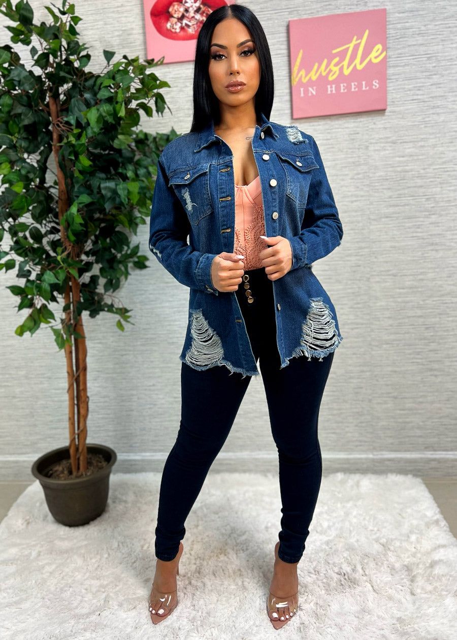 Distressed Dark Blue Jean Shacket sold by Moda product image thumbnail 2