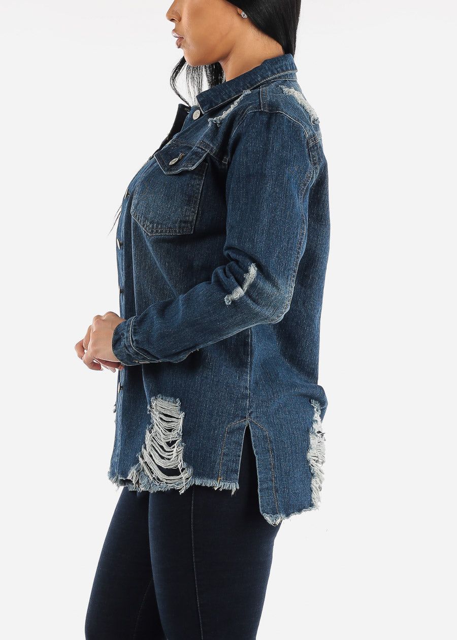 Distressed Dark Blue Jean Shacket sold by Moda product image thumbnail 4