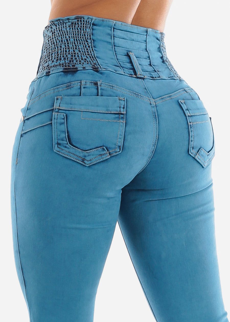 Teal Blue Ultra High Rise Skinny Jeans sold by Moda