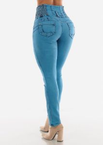 Teal Blue Ultra High Rise Skinny Jeans sold by Moda