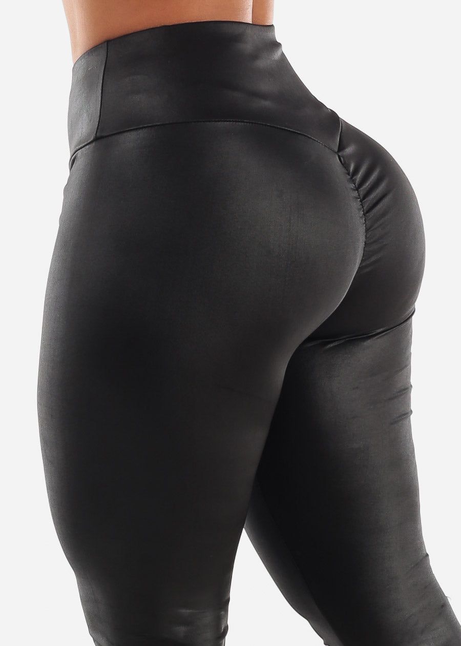Ruched Butt Black Pleather Leggings sold by Moda