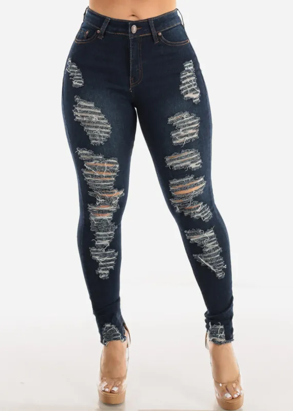 Stretchy Mid Rise Distressed Dark Blue Skinny Jeans sold by Moda