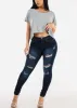 Mid Rise Distressed Stretchy Skinny Jeans Dark Blue sold by Moda