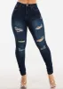 Mid Rise Distressed Stretchy Skinny Jeans Dark Blue sold by Moda