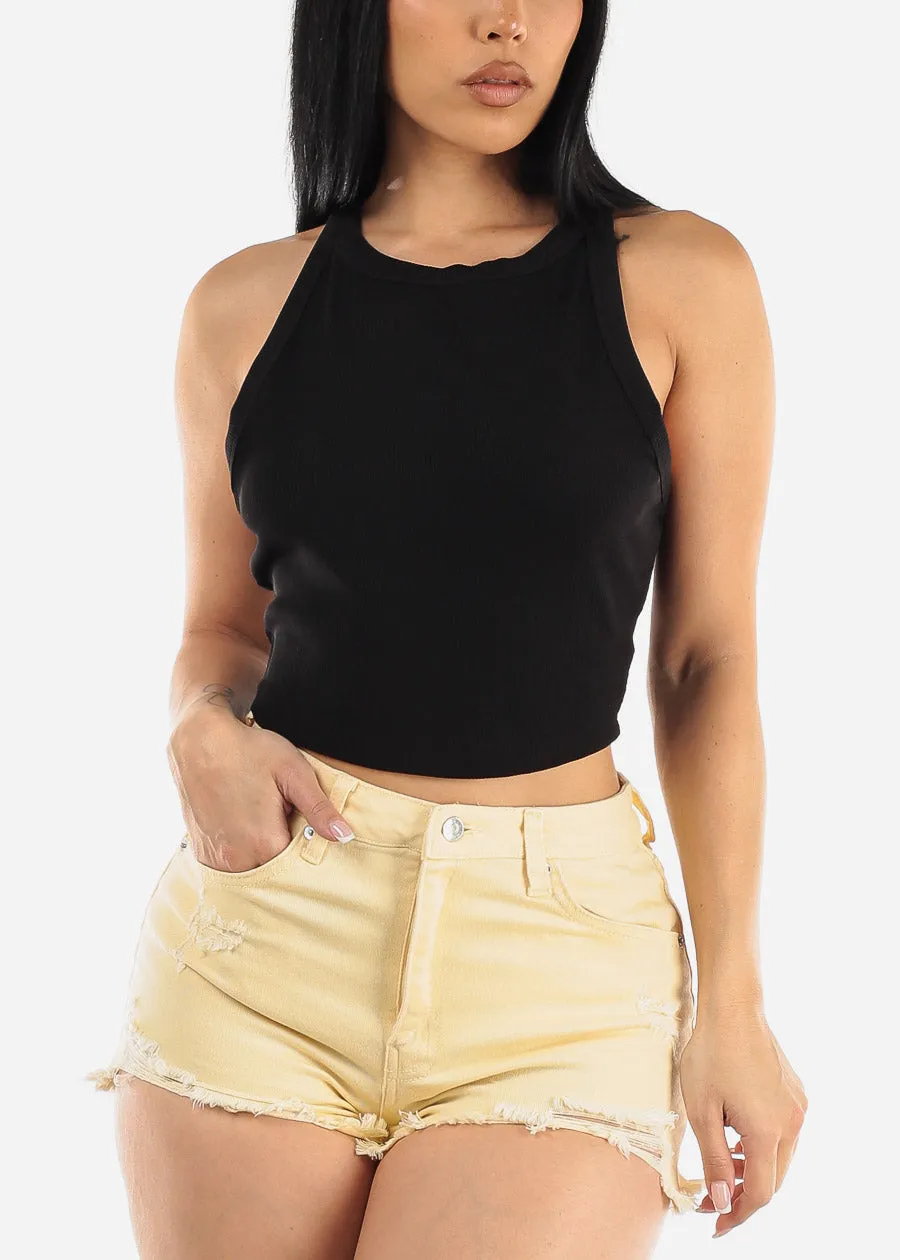 Black Sleeveless Crewneck Ribbed Crop Top sold by Moda