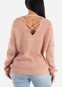Back Lace Up Knit Long Sleeve Sweater Pink sold by Moda