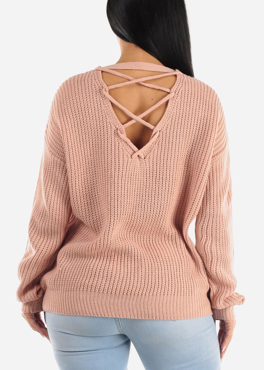 Back Lace Up Knit Long Sleeve Sweater Pink sold by Moda product image thumbnail 4