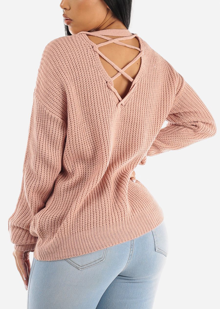 Back Lace Up Knit Long Sleeve Sweater Pink sold by Moda
