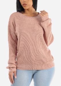 Back Lace Up Knit Long Sleeve Sweater Pink sold by Moda