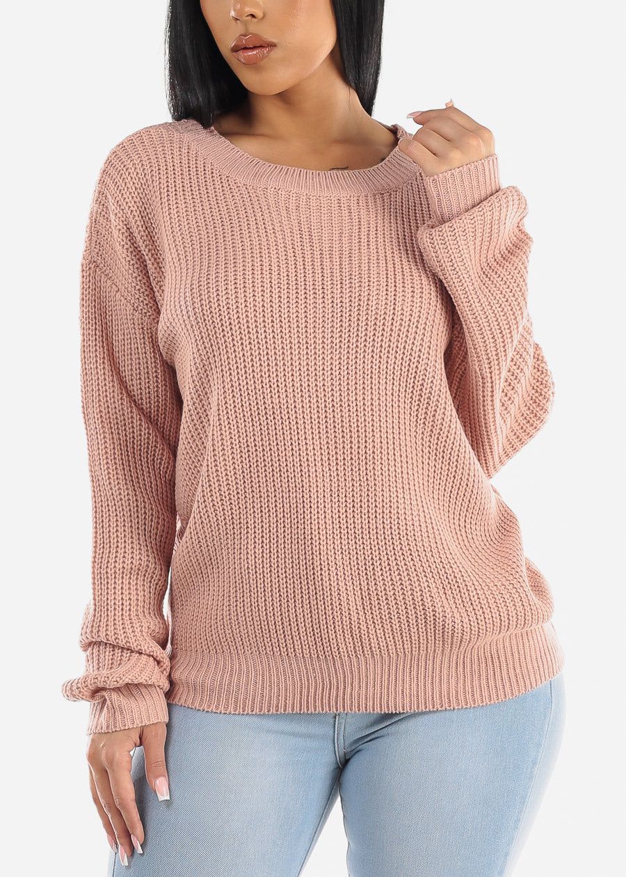 Back Lace Up Knit Long Sleeve Sweater Pink sold by Moda product image thumbnail 5