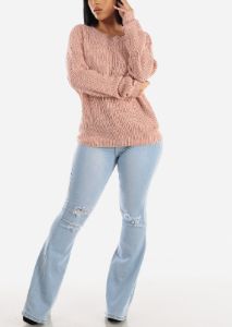 Back Lace Up Knit Long Sleeve Sweater Pink sold by Moda